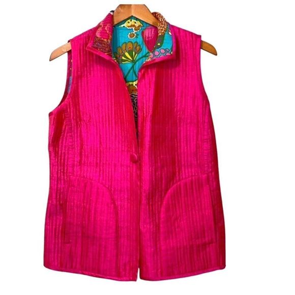 Anu Women's Quilted Vest Reversible Silk Blend Multicolor Floral Hot Pink Size M - Picture 5 of 10